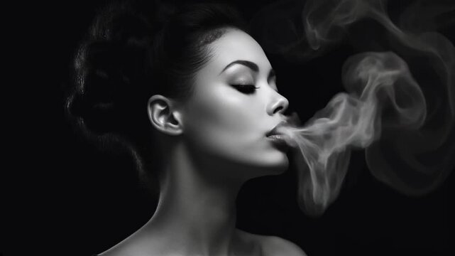 elegant woman exhaling swirling smoke against dark monochrome background
