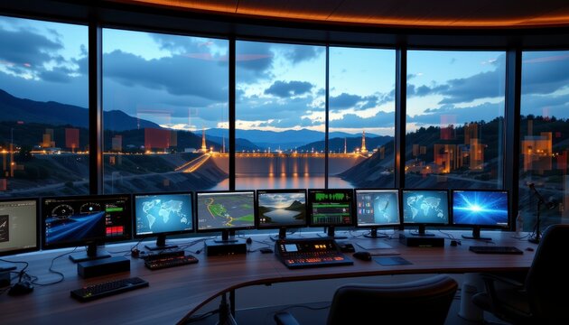 Modern control room overseeing energy management with advanced technology and multiple screens showcasing data and landscape