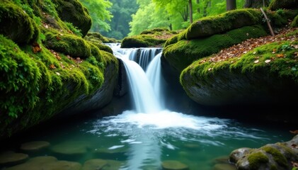 Fototapeta premium Serene cascade tumbles over moss-covered rocks , water, serenity