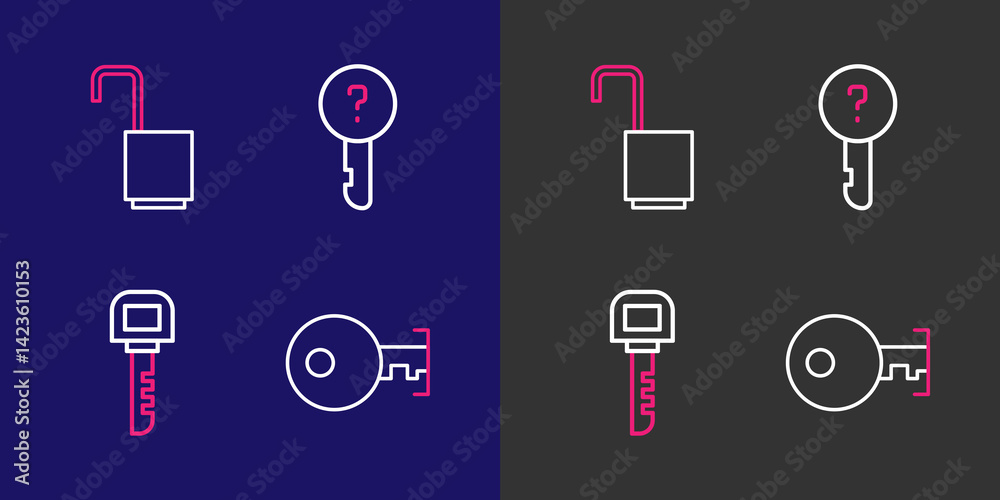 Poster set line key, undefined key and open padlock icon. vector