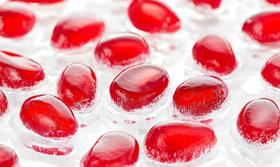 Close-up of glistening red gelatin candies arranged neatly on a white surface, showcasing their glossy texture