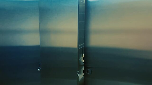 amera pans across modern bathroom stalls in womens bathroom - Ominous colors