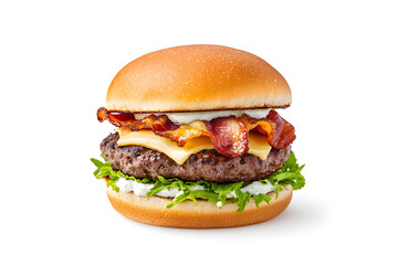 Appetizing burger with juicy beef, crispy bacon, and the creamy sauce isolated on white