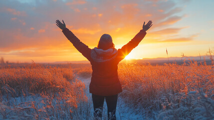 Happy and joyful woman raising arms in a rural field. Woman praising or worship in sunset