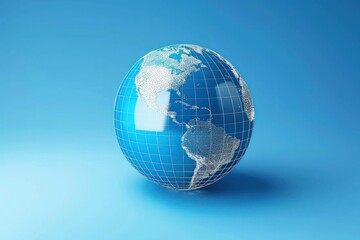 stunning 3D render of a digital globe showcasing the continents.Blue tones dominate