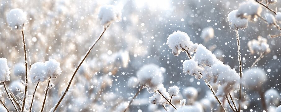 Snow falling on plants covered in fresh snow on sunny winter day