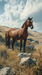 Obraz premium Majestic horse standing tall in a golden meadow under a cloudy sky near rolling hills