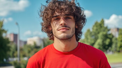 A man with big curls and medium-length hair, wearing a red T-shirt, against the background 