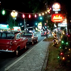 Nostalgic Nightscape: Classic Cars, Festive Lights, and Retro Signage Illuminate a Charming Street Corner at Night.