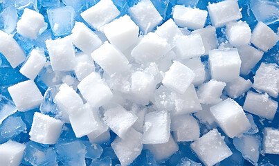Close-up of ice cubes and sugar cubes scattered on a blue background, evoking freshness and coolness