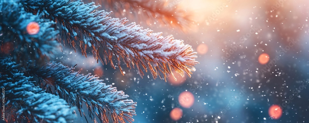 Poster snow falling on fir tree branch with bokeh at sunset