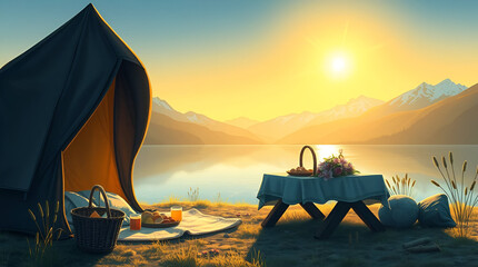 International Picnic Day, Jun 18, Different Foods with Drinks Near Tent Against Lake and Mountains, Generative Ai