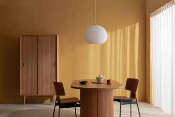 Modern_Dining_Room_Design_with_Wooden_Table_and_Chairs_in_a_Warm_Yellow_Room._Minimalist_Interior_Decor_with_Pendant_Light_and_Sliding_Wardrobe