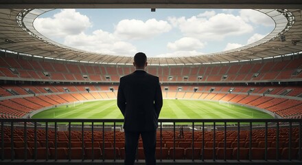 back view of an excited businessman standing with a far view to future planning, manager, owner