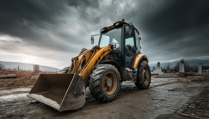 Backhoe loader operating at rural building site under overcast sky