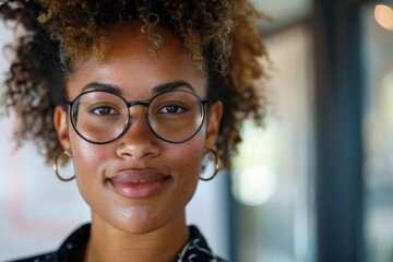 Portrait of a Confident Young Woman with Curly Hair and Glasses