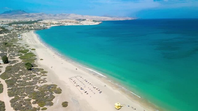 Aerial drone view of Costa Calma beach during the sunset,Fuerteventura, Canary Islands