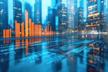 City skyline with digital data visualization at dusk showcasing urban technology integration