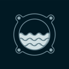 Line Ship porthole with rivets and seascape outside icon isolated on black background. Flat filled outline style with shadow. Vector