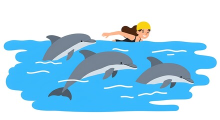 Fototapeta premium Swimmer Enjoying Time with Playful Dolphins in Blue Water