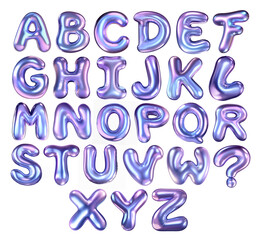 Y2K Holographic inflatable font from A to Z letters isolated. Colorful iridescent inflated full alphabet. Modern creative font, trendy typography