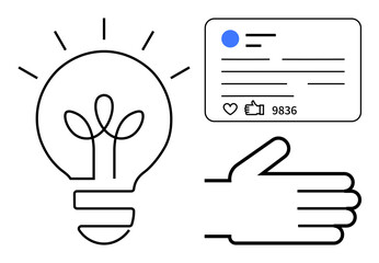 Light bulb symbolizing innovation, user card with engagement metrics, and a hand gesture promoting creativity. Ideal for tech, marketing, networking, social media, idea-sharing, community building