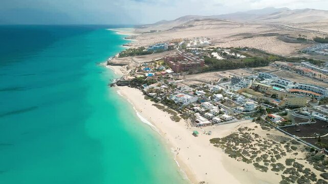 Aerial drone view of Costa Calma beach during the sunset,Fuerteventura, Canary Islands