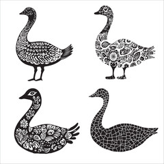 image of a goose with floral patterns, set, black and white, graphics, vector
