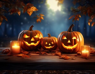 Jack-o’-Lanterns auf Holztisch bei Nacht