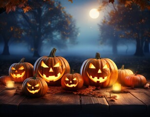 Jack-o’-Lanterns auf Holztisch bei Nacht