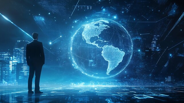 Businessman Viewing Digital Globe with City Skyline and Technology Connections