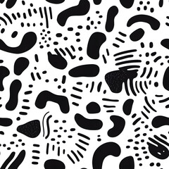 Seamless pattern with solid black organic irregular shapes and blobs isolated on white background