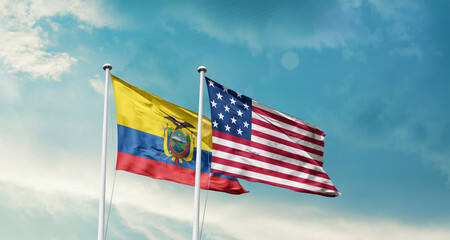 Ecuador and America friendship flags are waving in the sky.Two country flag for agreement or deal. Ecuador national USA national flag for comittment.