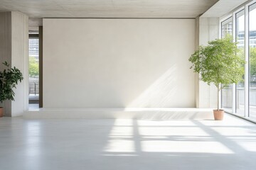 Fototapeta premium Modern, minimalist interior with large windows, bright and airy. Empty space ready for display