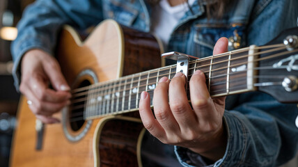 Obraz premium She adjusts the capo for a higher key