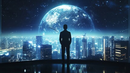 Obraz na płótnie Canvas Man Silhouette Overlooking Futuristic City with Planet Earth View