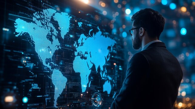 Man Analyzing World Map on Digital Display for Global Business Insights