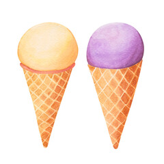 Watercolor illustration of ice cream in a cone. Hand drawn vanilla and berry ice cream.
