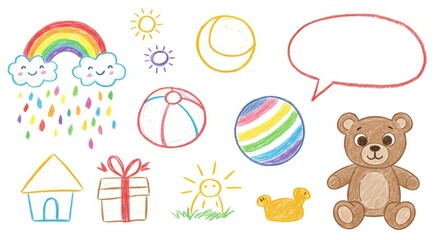 Obraz premium Childlike Crayon Drawings of Rainbow, Toys, and Teddy Bear