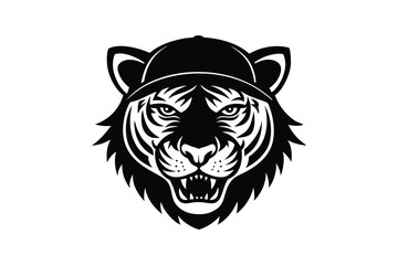 Silhouette art illustration of a tiger head wearing baseball cap and chain.eps