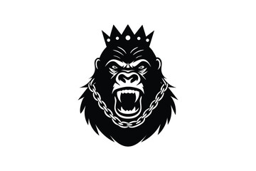 Silhouette art illustration of a gorilla head wearing crown and chain.eps