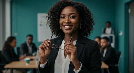 Confident businesswoman smiles holding glasses in modern teal of