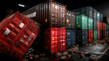 Damaged cargo containers symbolizing trade war and tariffs. Concepto de guerra comercial
