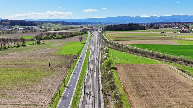 Aerial view of the newly built railroad track of the Koralmbahn train connection between Graz and Klagenfurt