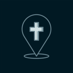 Fototapeta premium Line Map pin church building icon isolated on black background. Christian Church. Religion of church. Flat filled outline style with shadow. Vector