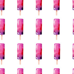 Watercolor illustration of ice cream on a stick. Seamless pattern of pink ice cream.