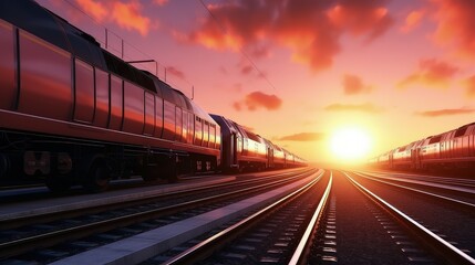 Naklejka premium A freight train passing by a quaint railway station, capturing the essence of a bygone era.