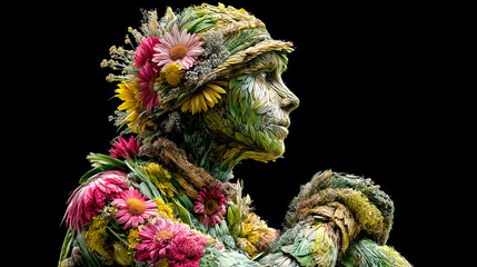 Goddess of Nature Sculpture with Floral Details and Moss Texture