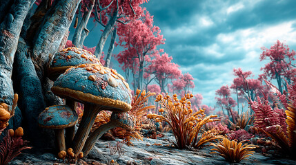 3D Alien Forest Landscape with Giant Mushrooms and Colorful Surreal Foliage
