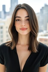 A woman with straight and thick brown hair, wearing sophisticated makeup, against the backdrop of an urban landscape.